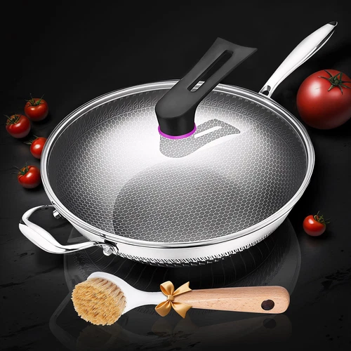 13-INCH LARGE WOK STAINLESS STEEL NONSTICK FRYING PAN W/ LID BRUSH FOR INDUCTION - Picture 2 of 13