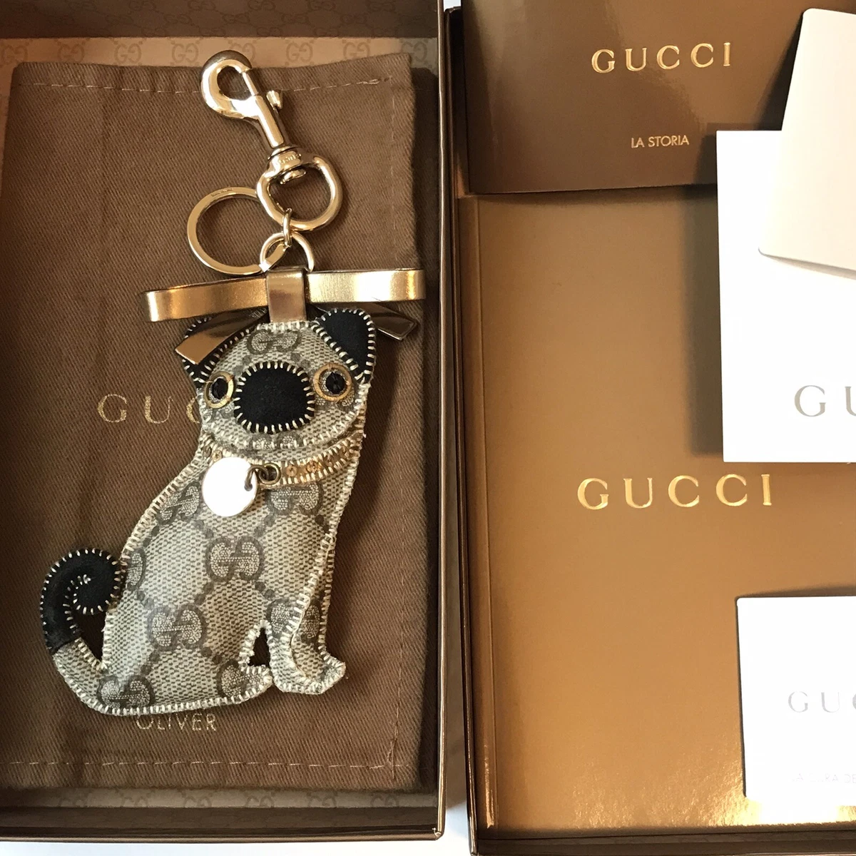 GUCCI Bag Charm Key Ring Guccioli Oliver Pug Dog GG Leather Brown