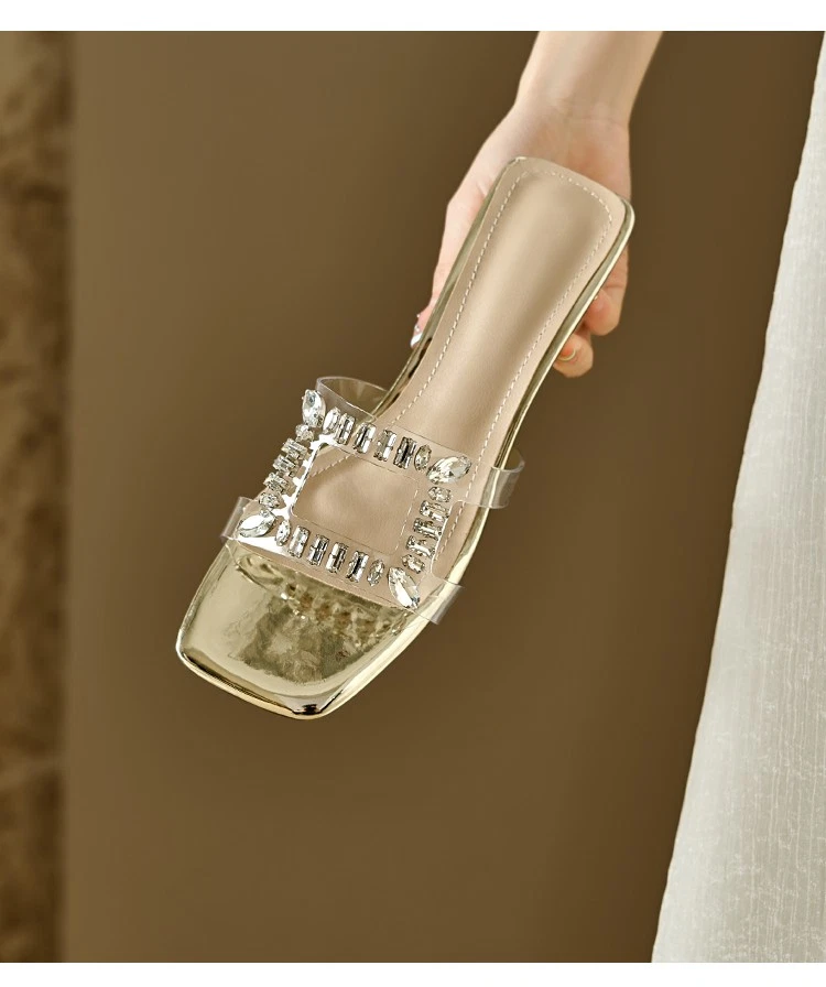 Sandalias Francesas Zapatillas Para Mujer Verano Exterior Cristal Tacones Gruesos Zapatillas Talla Foto 4 de 4