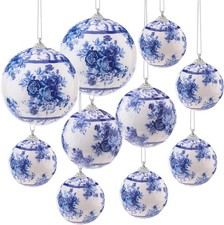 10 Pcs White Blue Christmas Chinoiserie Ornaments Ball Porcelain A