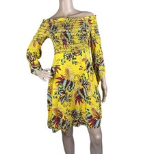 Farm Rio For Anthropologie Bria Yellow Floral Smocked Off The Shoulder Dress S