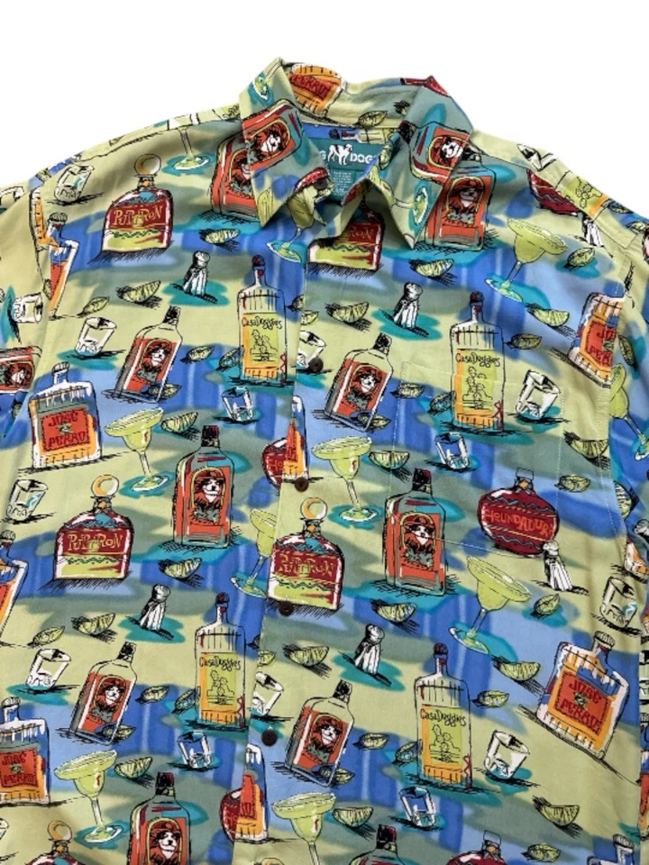 Camisa havaiana vintage Big Dogs masculina S/M multicolorida com estampa de álcool para cães - Imagem 2 de 4
