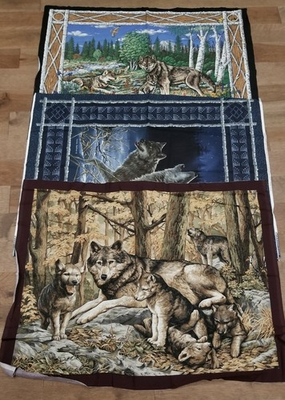 #ad 3 VTG New Cotton Fabric WOLF Panel Mountains Forest Wall Hanging Quilting 2001 $43.00