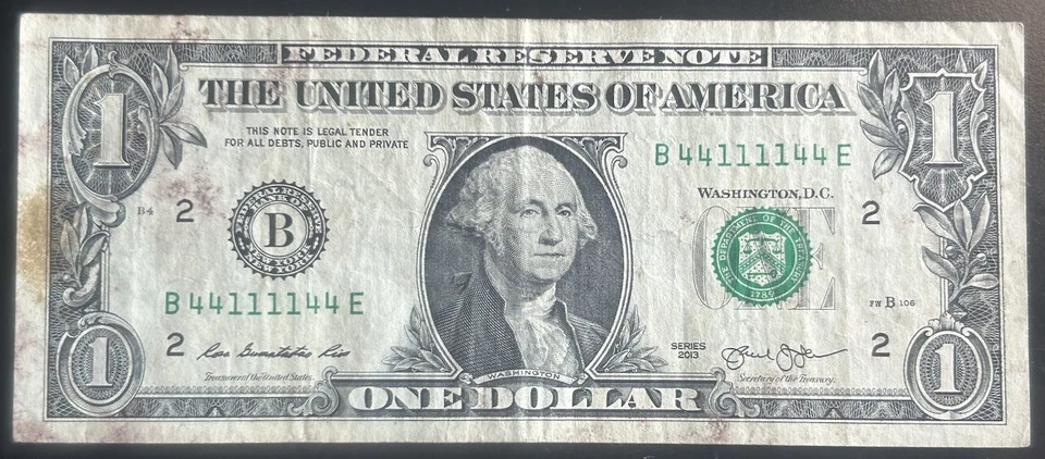 (BINARY RADAR/QUAD DOUBLE NOTE!) $1 Binary Radar Fancy Serial Number B44111144E - Image 2 of 3