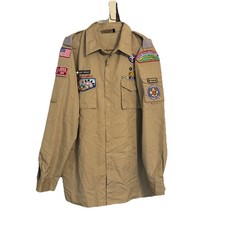 VINTAGE Boy Scouts of America Shirt Adult Large Beige USA Many Patches