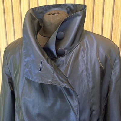 Baronia Satin Coat Overcoat UK 14 Blue Knee Doublebrested Tie Waist Ruched