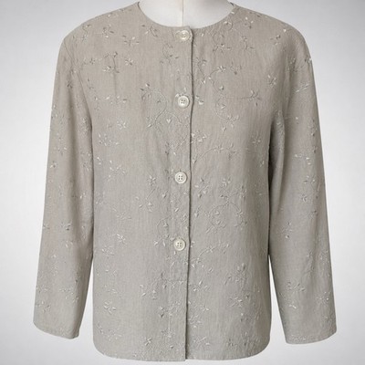 Talbots Irish Linen Embroidered Jacket Beige Tan Button Front Women's M Floral