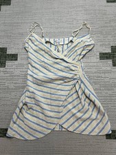 Zara Dress Womens Large Beige Blue Blouson Cotton Knit Bodycon 
