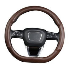 D Shaped Steering Wheel Cover, Genuine Leather Flat Bottom Stearing Brown