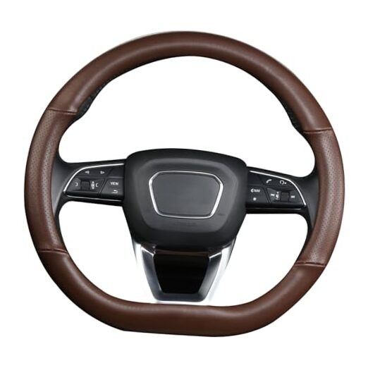  D Shaped Steering Wheel Cover, Genuine Leather Flat Bottom Stearing Brown