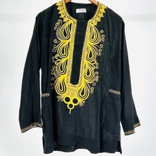Ethnic Traditional Black Gold Embroidered Nigerian Cotton Dashiki Tunic Shirt