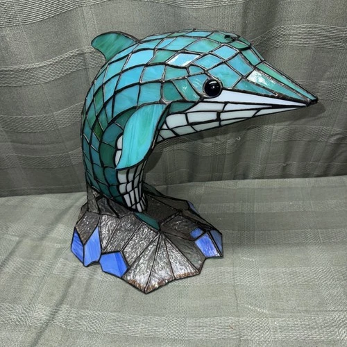 Vintage Tiffany Style Stained Glass Dolphin Lamp - 15” Tall - Beautiful Clean