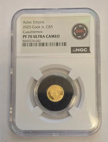 2025 $5 NGC PF70 Ultra Cameo Cook Islands Aztec Empire Cuauhtemoc 5 Gr 999 Gold