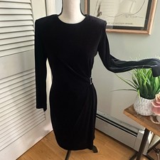 Vintage DAVID WARREN Dress 8 Black Velvet Sheath Rhinestone Gathered Cocktail