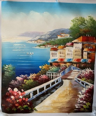 Original Oil Painting Never Stretched   Mediterranean Village 2 Tom L Paintings