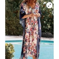 Johnny Was Maya Kaftan Womens XS Floral Kimono Maxi Dress Navy Multi CSW0120-Y