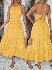 Boho Halter Maxi Dress Backless Lace Up Ruffle Hem Vacation Beach Sundress