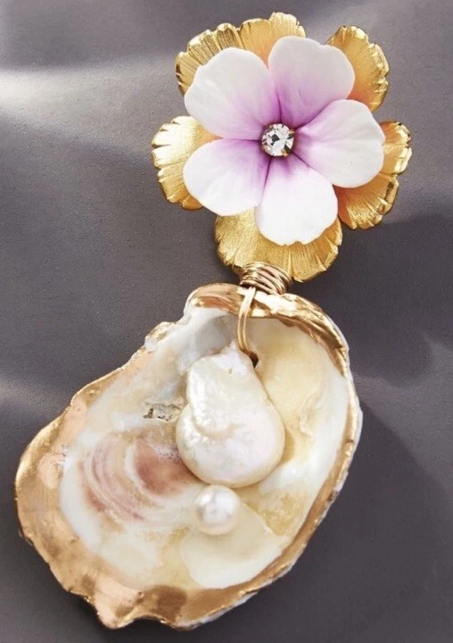 Brincos de gota de flor de recife rosa e contas de ostra novos com etiquetas - Imagem 2 de 4