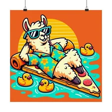 Matte Square Poster Wall Art Retro Llama Cartoon Chilling On Pizza Rubber Duckie