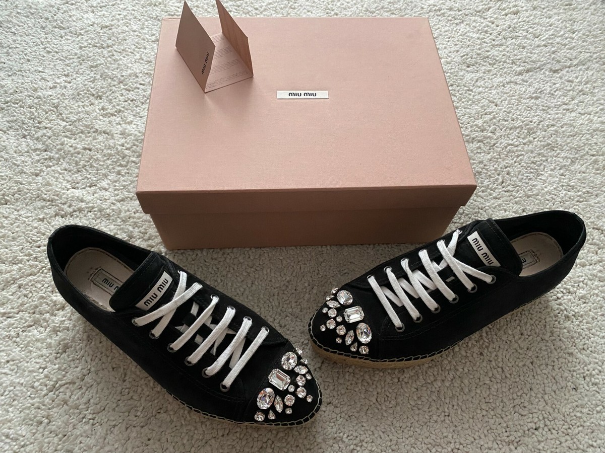 Miu Miu Crystal Embellished Black Suede Platform Sneakers Miu Miu Crystal Embellished Black Suede Platform Sneakers