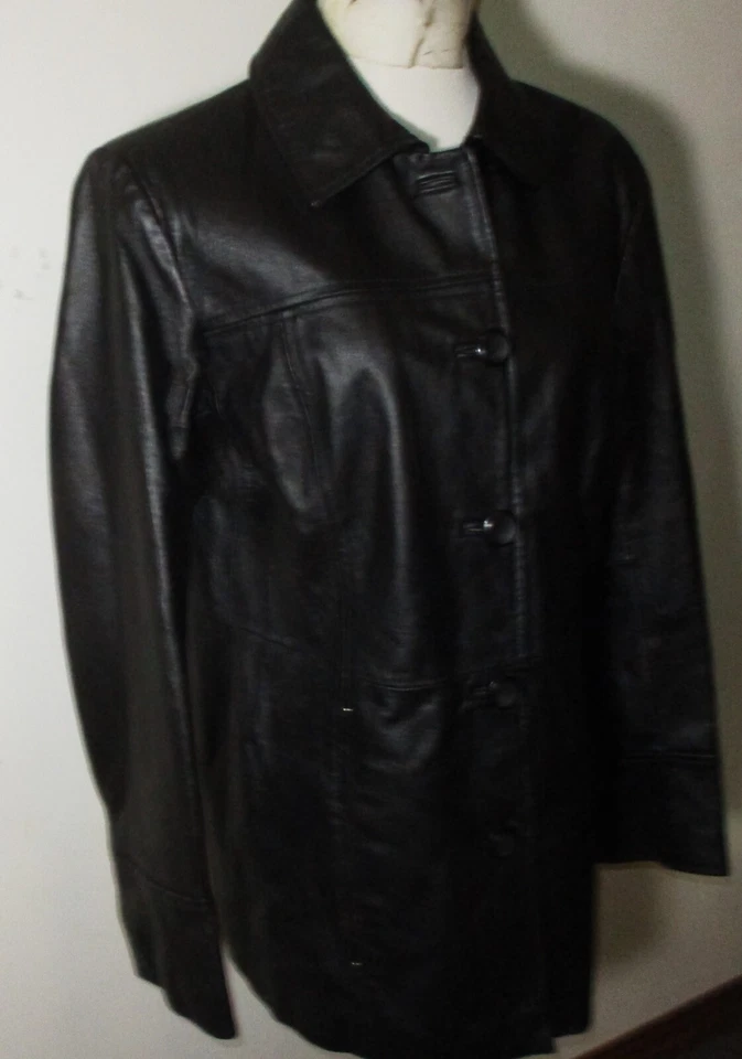 Abrigo para mujer EAST 5Th negro 100 % cuero con botones talla L Foto 3 de 4