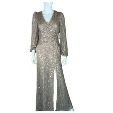 XSCAPE Ruched Zippered Twist Waist Front Slit Long Sleeve  Gown Dress Size 4 NWT