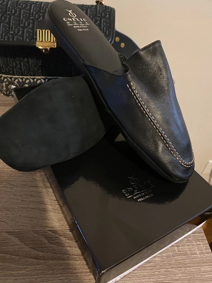 Zapatillas de cuero para el hogar para hombre italianas de piel de becerro suave con estuche de viaje en caja Foto 2 de 4