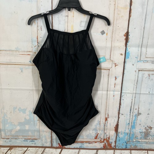 Aqua Eve One Piece Black Tummy Control Bathing Suit Size XXL High Neck Mesh - 第 1/15 張圖片