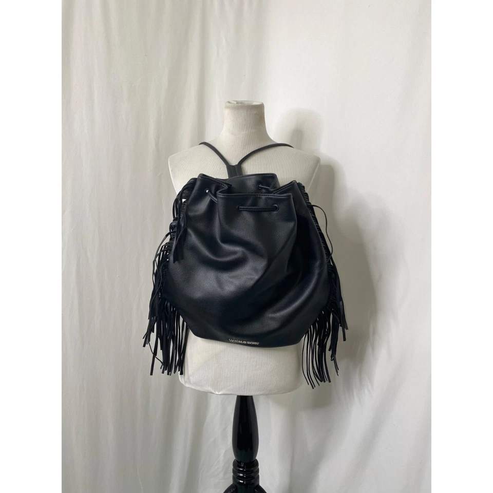 Victoria's Secret Women Large Backpack Bucket Bag Purse Black Faux Leather - Image 2 of 4