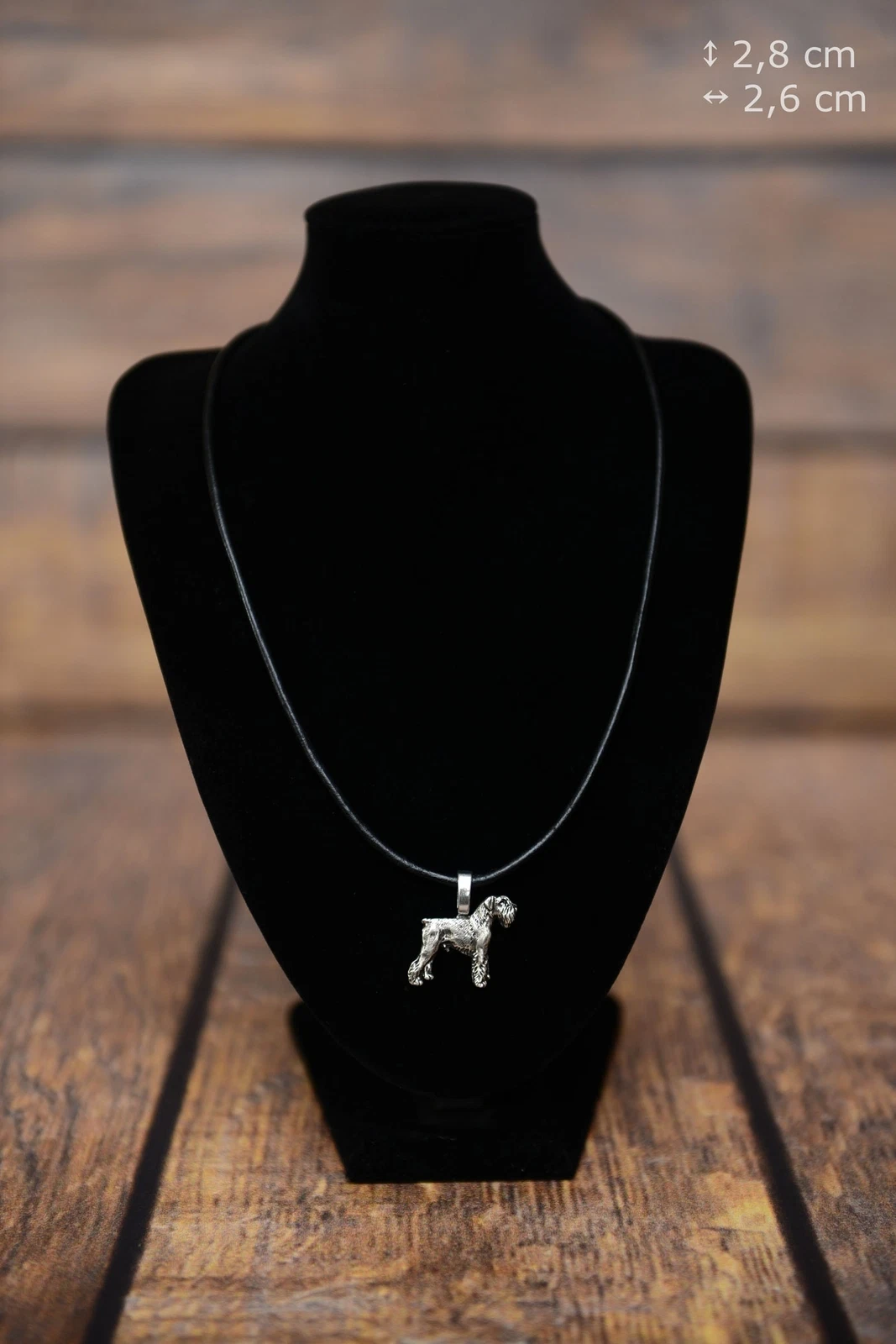 Schnauzer type 3   silver covered necklace with dog on strap, Art Dog USA