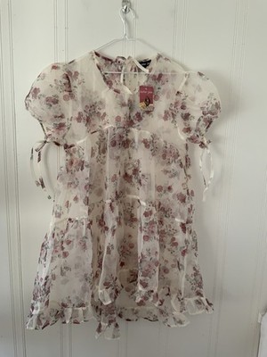 Sister Jane Mini Dress Sheer Organza Floral Puff Sleeve Tie Back White Pink M