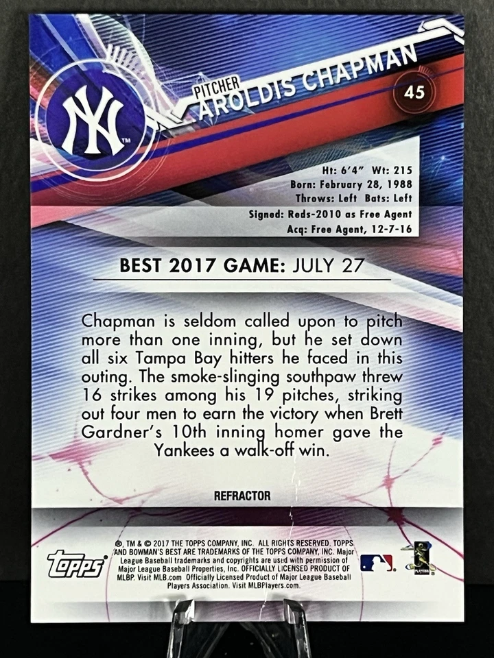 2017 Bowman's Best Green Refractor /99 Aroldis Chapman #45 - Image 2 of 2