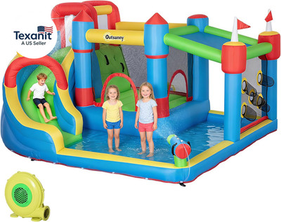 6-In-1 Inflatable Water Slide with Splash Pool, Slide, Climbing Wall, Water Cann