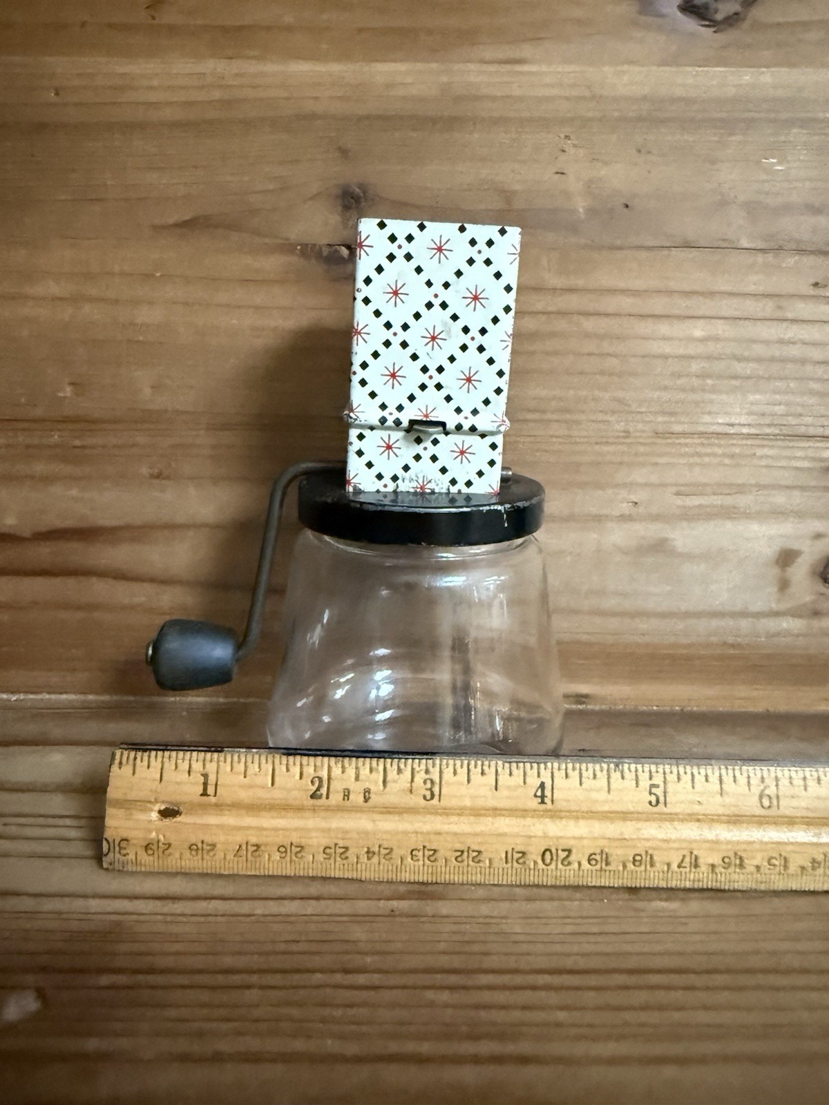 Vintage Androck #49 Nut Grinder Chopper Glass Jar Starburst Red Made In USA