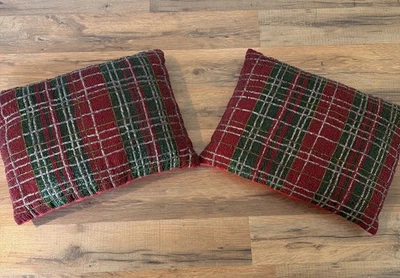 Kim Seybert Completely Beaded Christmas Plaid Pillow Lot 2 15” X 11” Red Green - Image 1 of 4