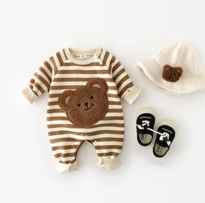 Malo Et Co Bruno The Bear Baby Romper In Brown And Cream 3-6 Months