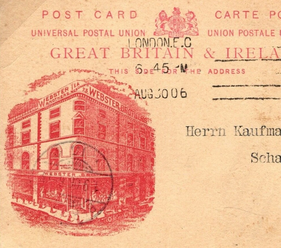 GB KEVII ADVERT Stationery UPU Card ILLUSTRATED *WEBSTER TEA* 1906 Germany E102a - Image 2 of 4