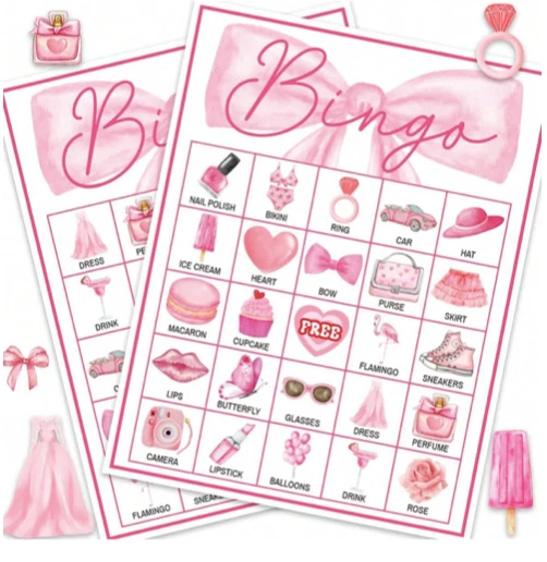 Розовый бант день рождения бинго игры, ярко розовый день рождения вечеринки игры для 24 игроков бинго - Изображение 4 из 4