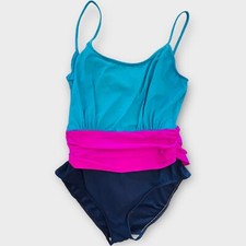 Vintage 80s 90s Robby Len Colorblock One Piece Aerobics Style Swimsuit Ruched