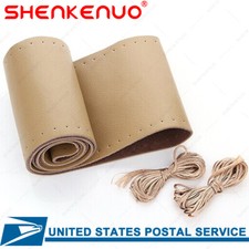 38cm Car Auto Diy Beige Genuine Leather Steering Wheel Cover Wrap Sew-on Kit Usa