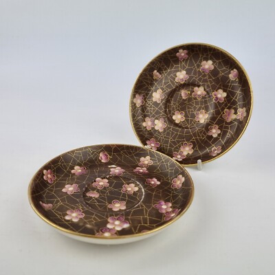 Antikes Paar Royal Worcester Untertassen Cracked Ice & Plum Blossom ''Hiwa Reume''