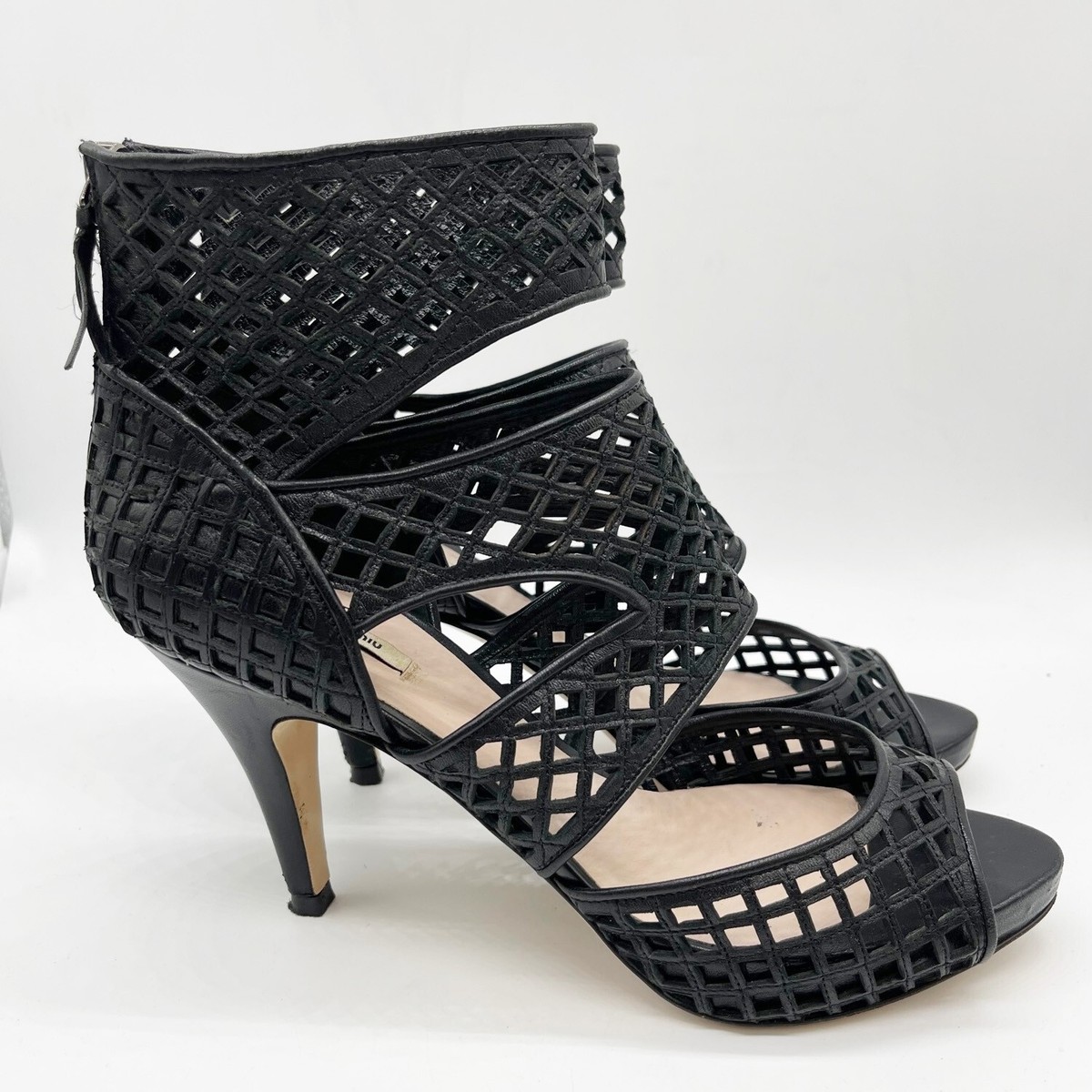 MIU MIU Black Leather Lasercut Cage Platform Sandals Heels Size