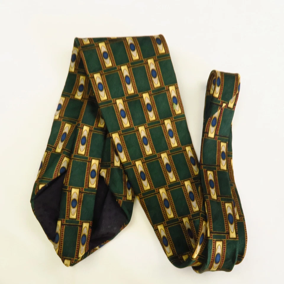 Corbata Bill Blass Etiqueta Negra Para Hombre Verde Multi Cuadros Art Deco Seda 56x4 Foto 4 de 4