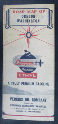 1951 Oregon Washington road map Champion oil  gas Perkins CO Vancouver WA