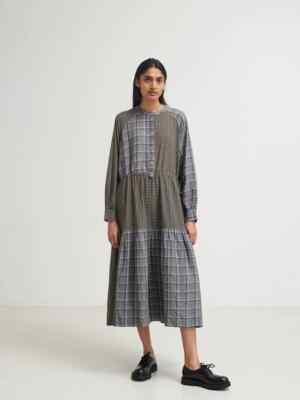Skall Studio Lucca Shirt Dress Patchwork Printed Black Beige Gray Check New M 38
