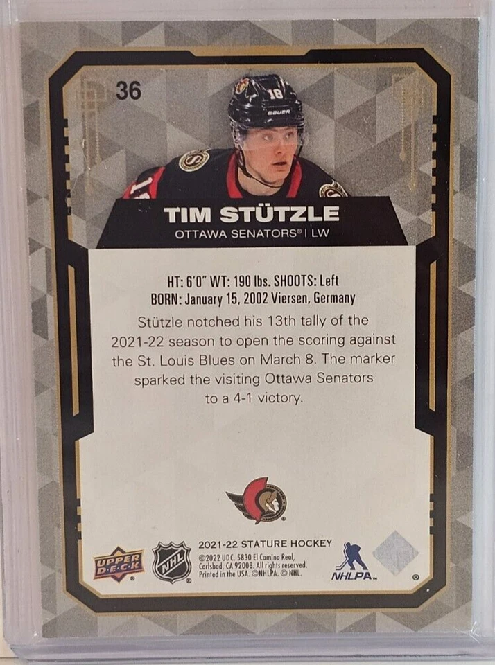 Tim Stutzle 2021-22 Upper Deck Stature #36 Ottawa Senators 21/65 - Image 2 of 2