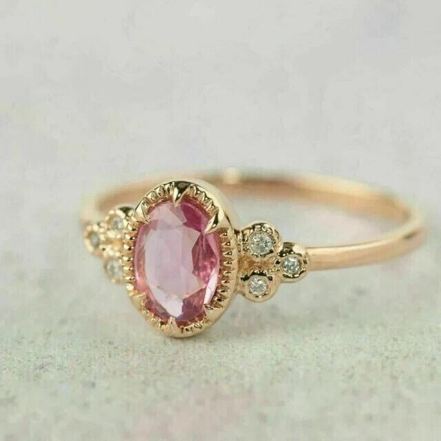 3Ct Oval Cut Simulated Pink Sapphire Halo Wedding Ring In 14K Yellow Gold Plated