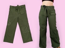Vintage Y2K Cargo Pants Wide Leg Army Green Pockets Embroidery Boho Rave - S