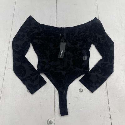 Fashion Nova Bodysuit Womens XL Black Mi Amore Flocked Velvet Off Shoulder Thong