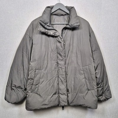 Massimo Dutti Down Puffer Jacket Womens Size L Grey Oversized Funnel Neck